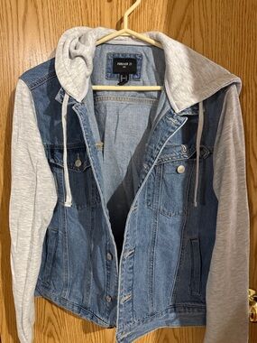 Forever 21 Blue Denim Jacket with Light Gray Hoodie Sleeves